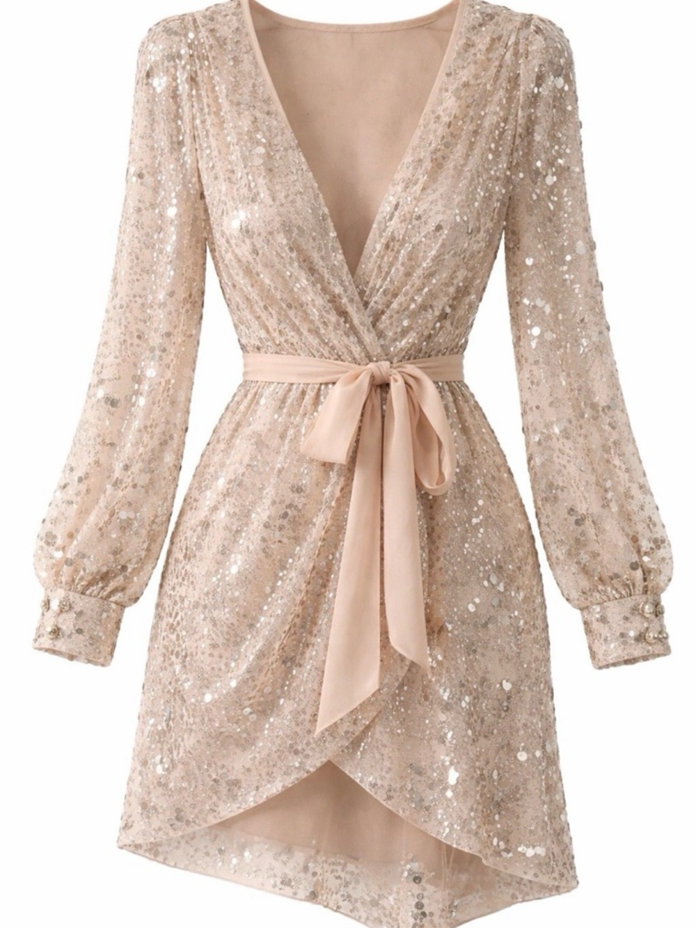 Sequined sheer Wrap Mini Dress with Tie Belt - Blush
